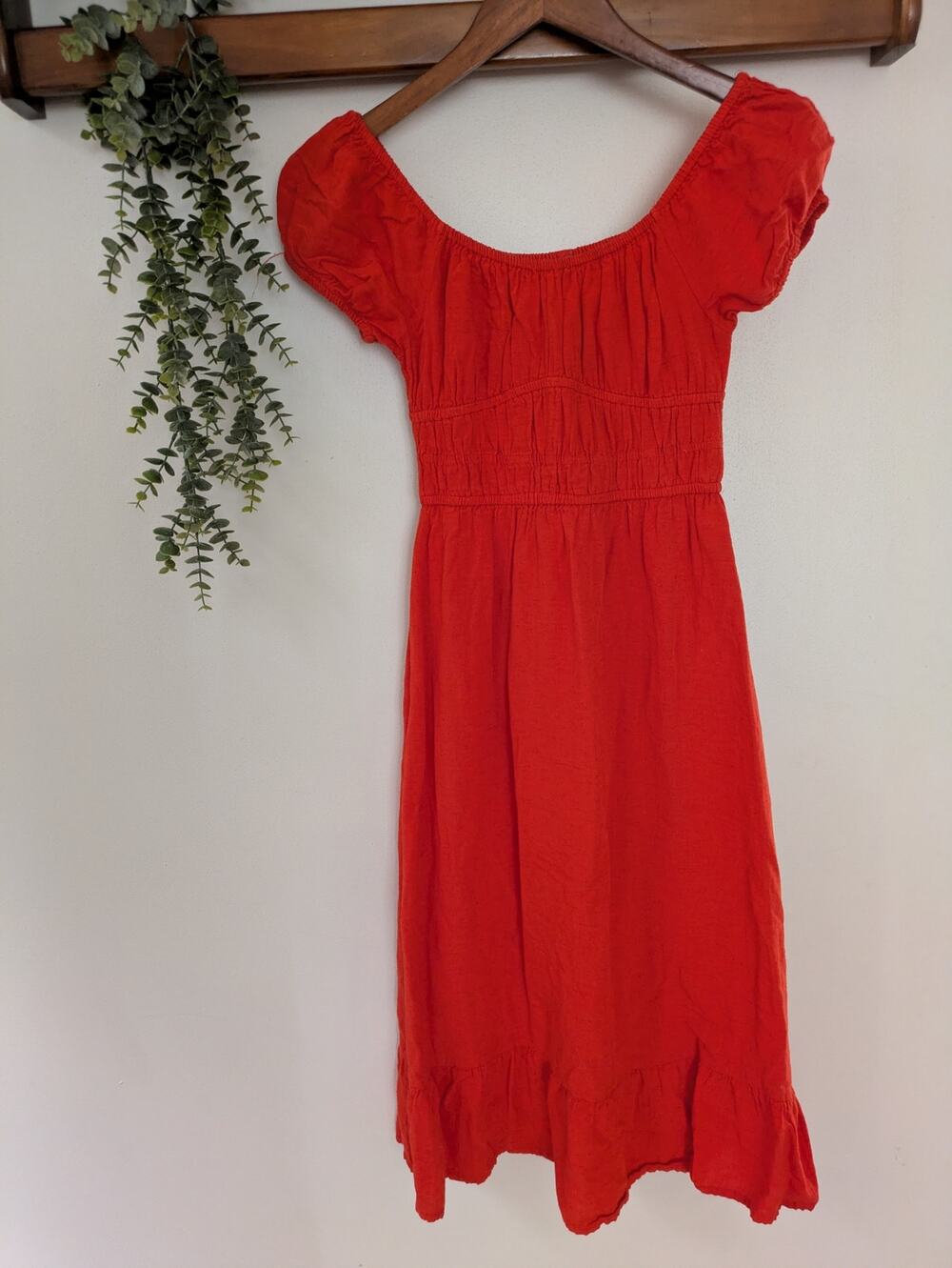 Boho Cottagecore Orange Red Sundress with Ruffle Hem & Smocked Bodice